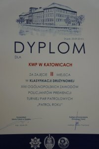 Dyplom za zajęcie II miejsca dla KWP Katowice
